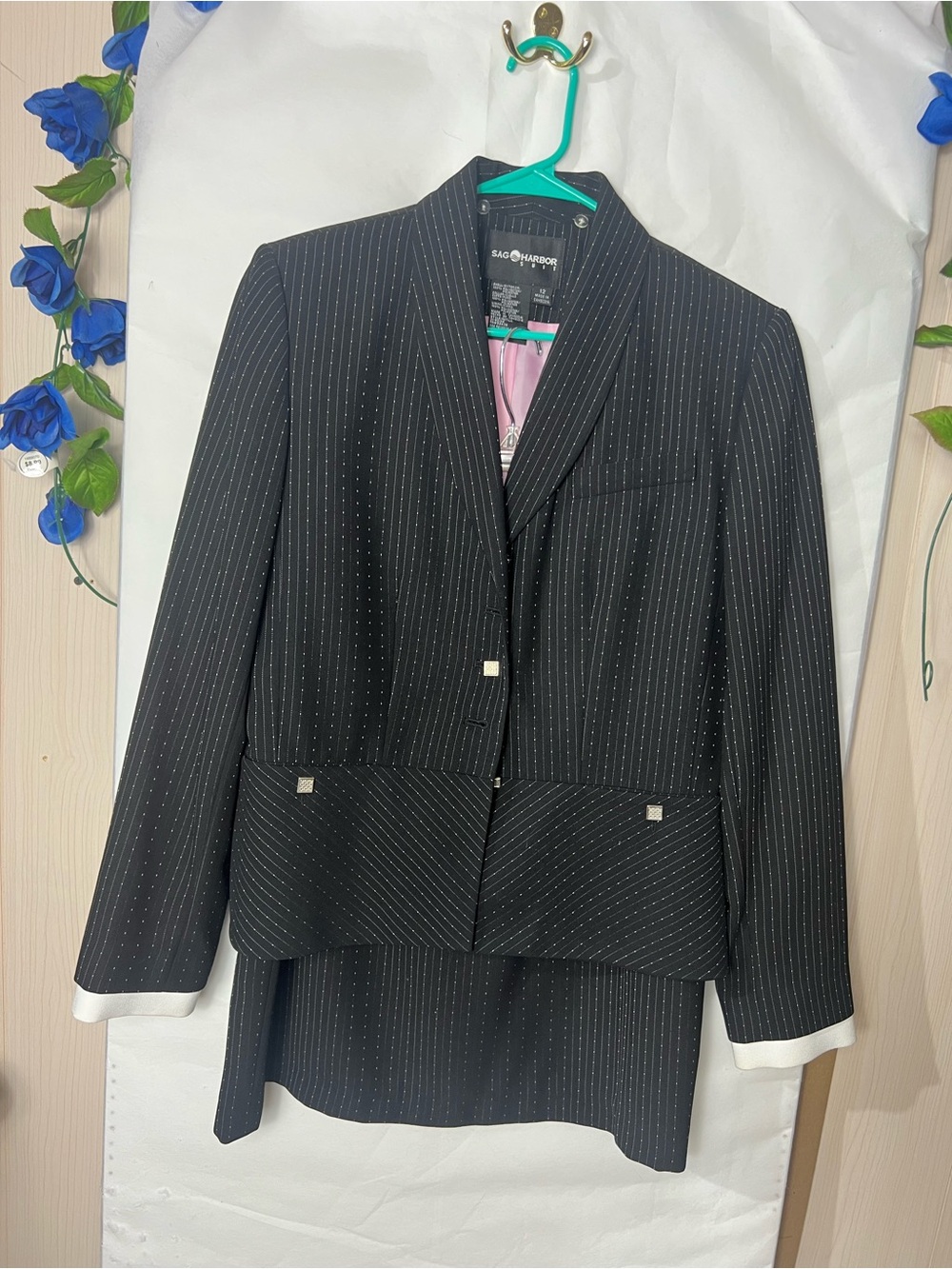 Sag Harbor Black Pinstripe Women's Blazer with White Cuffs